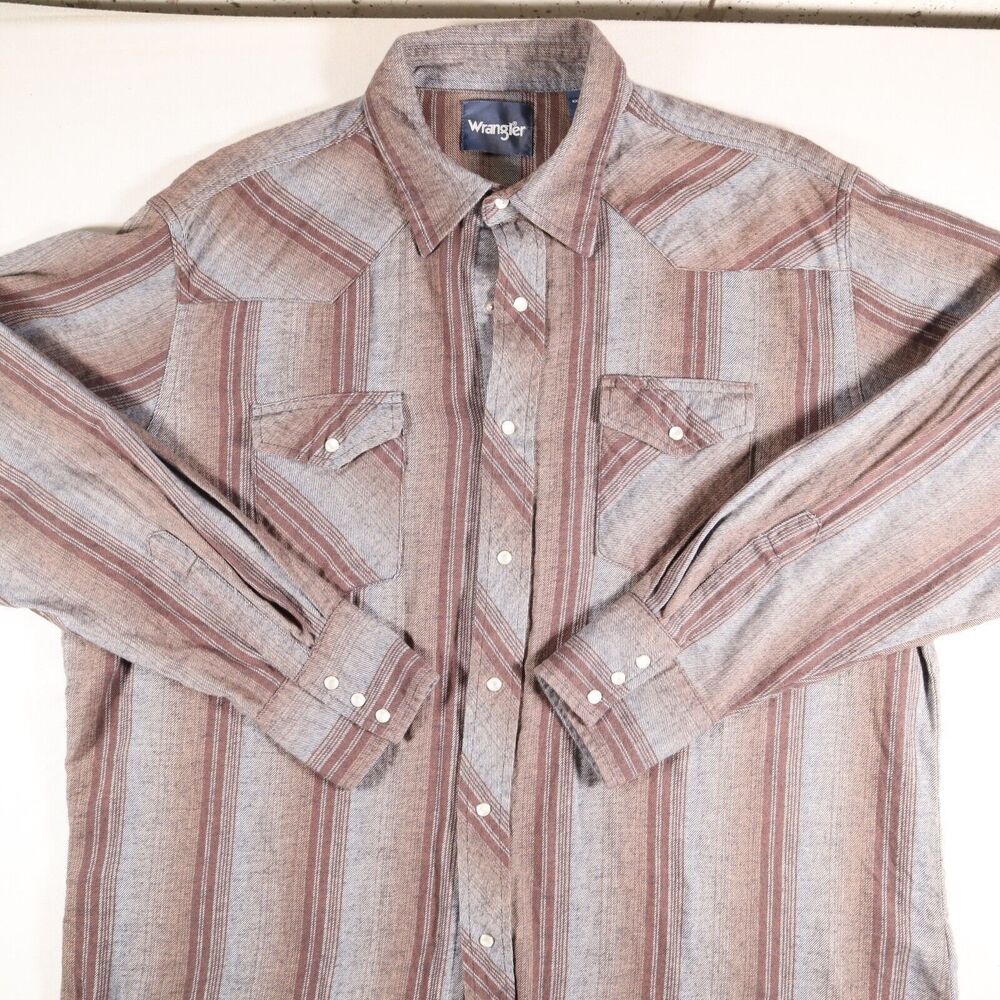 Wrangler Pearl Snap Shirt Mens Size XXL Brown Long Sleeve Stripes Pockets Heavy